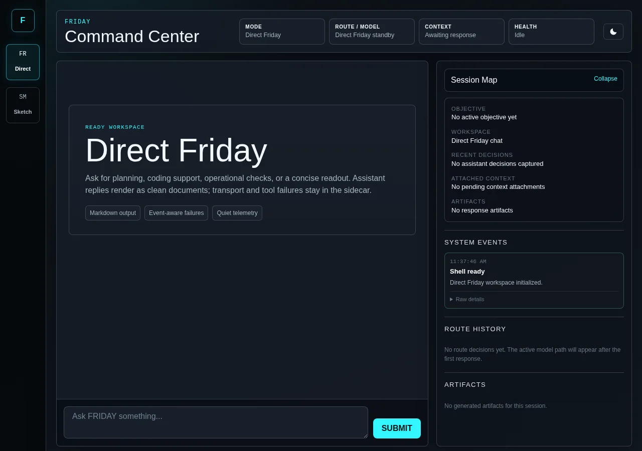 FRIDAY Command Center with an empty Direct Friday workspace, message composer, session map, and system events.